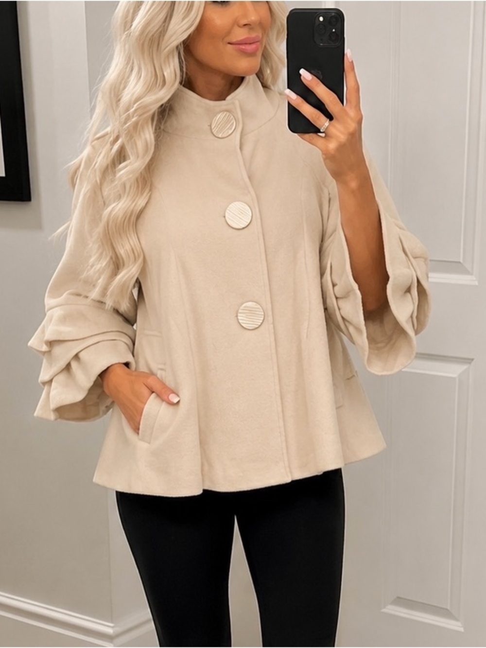 Y2K MM Couture Cream Wool Swing Jacket Ruffle Bell Sleeve Coat Size Large NWT